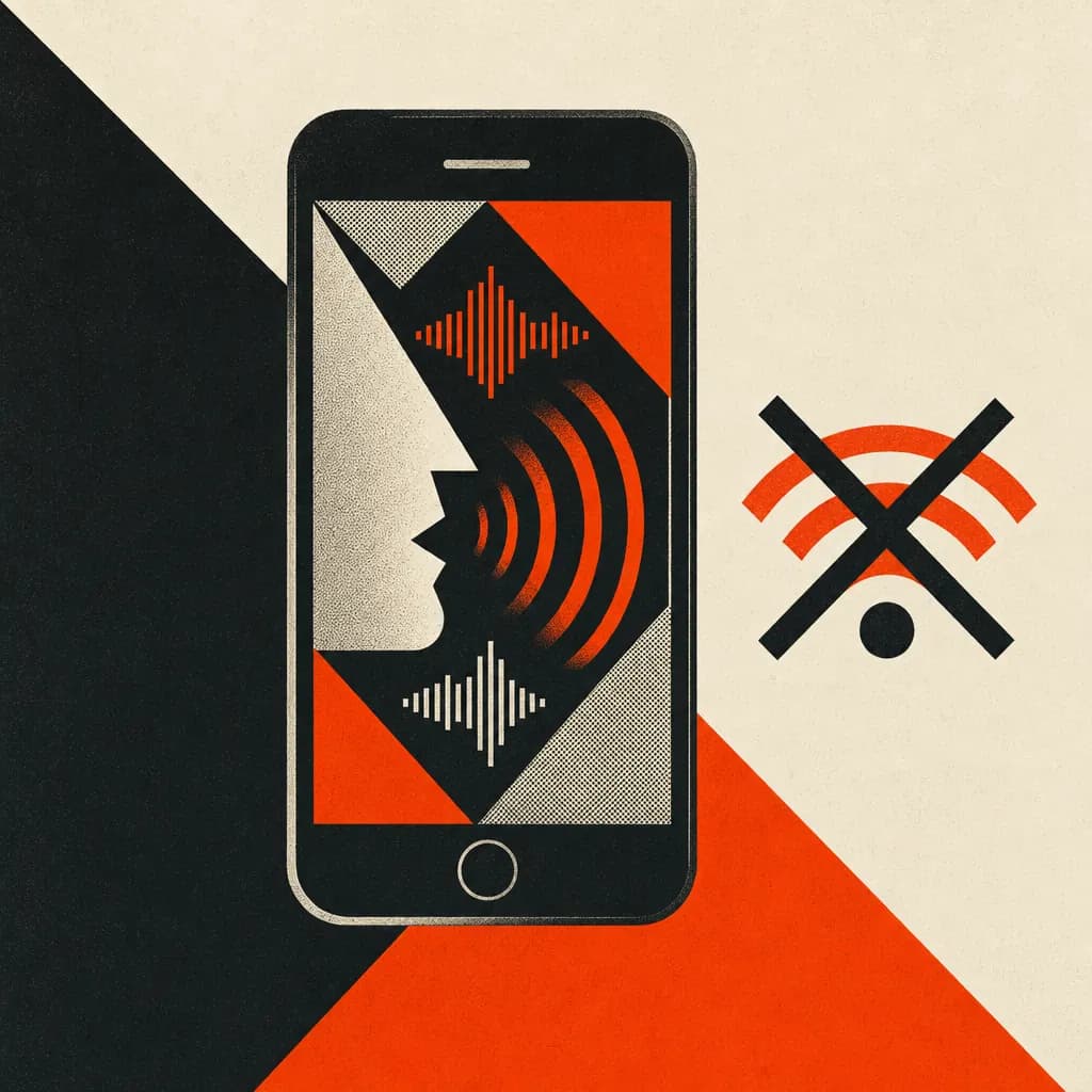 A phone holding its sound waves inside its own frame, network signal crossed out